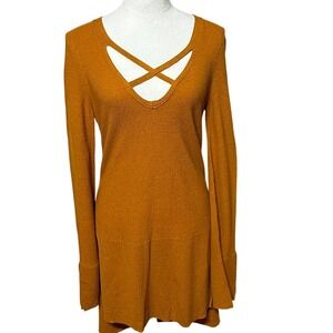 Free People Tunic Sweater Dress Womens Medium Marigold Orange V Neck Long Sleeve
